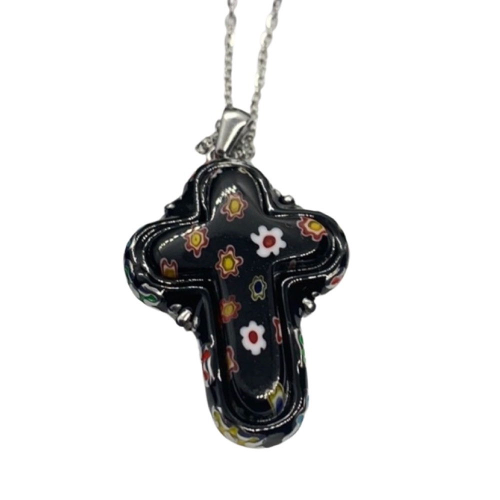 Black Murano Style Enameled Cross Pendant Necklace - Picture 2 of 5
